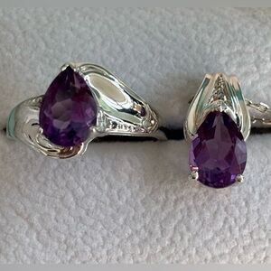 Vintage Amethyst Sterling Silver Pear Necklace & Ring Set